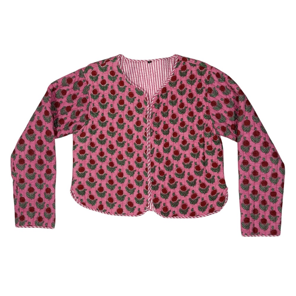 Pink Floral Block Print Quilted Reversible Jacket Boho Kantha Stripe Pink Red